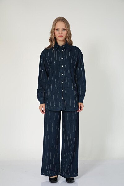 Suede Style 5693 - Stylish and Comfortable Stone Decorated Women's Denim Pants Shirt Set