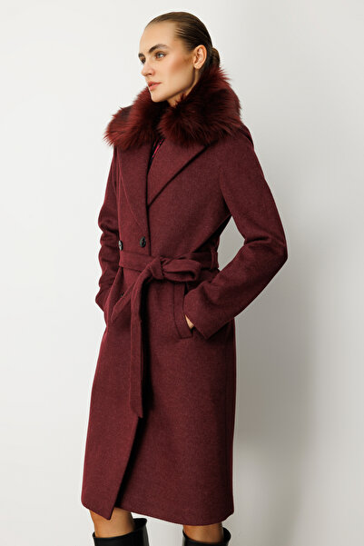 Ekol Sheepskin Collar Waist Belted Coat