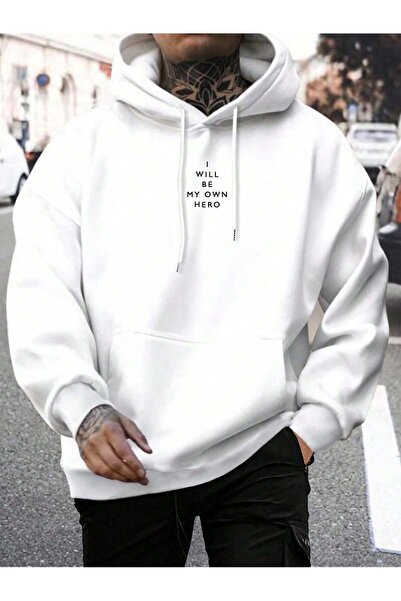 Flaubert - سويت شيرت رجالي أبيض مطبوع بغطاء رأس 3İPLİK قصة واسعة