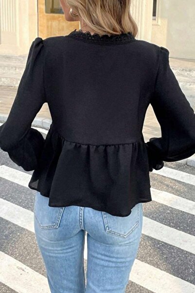 Mossta V-Neck Lace Aerobin Blouse - Black
