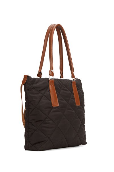 Newish Women's Quilted Fabric Long Strap Hand and Shoulder Bag – Black Brown