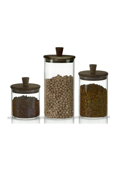 Store 3'lü Silindirik Sap Akasya Kapaklı Yüksek Borosilikat Cam Saklama Kavanozu Seti - 500ml - 1000ml - 1