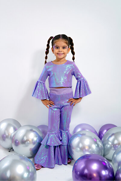 DUCA KIDS Parıltılı Payetli Volan Kol Kat Kat Paça Kız Çocuk Takımı