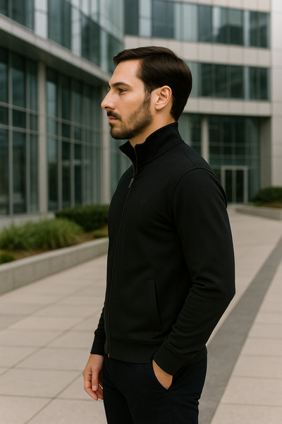 Maccali Men's Long Sleeve Mock Neck Black Zippered Sweatshirt