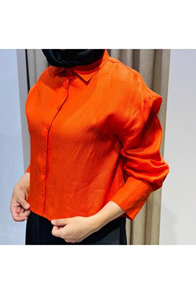 QVARS BUTİK Td 3026 Color 100% Cotton Short Shirt Orange