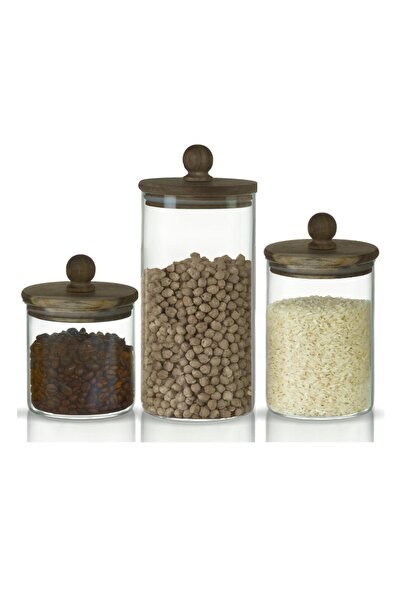 Store 3'lü Boncuk Sap Akasya Kapaklı Yüksek Borosilikat Cam Saklama Kavanozu ...