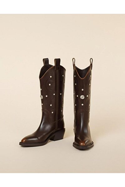 EMIENZA Gravel kovboy küt burun efektli kahve deri bot