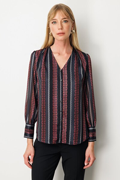 Ekol Ornamental Buttoned Patterned Women's Blouse 3063