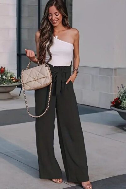 ESSFASIHON One-Shoulder Blouse Elastic Waist Trousers Two-Piece Set