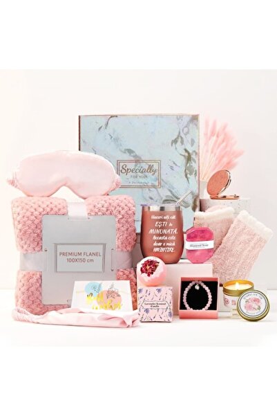 Joystos Set cadou pentru femei cu 10 piese — Pătură de pluș, Cană termos, Lumânare parfumată, Mască de somn, Șosete,