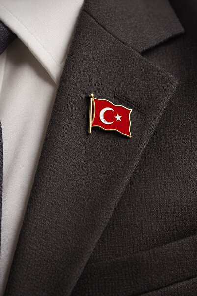 Minopi ( 1 Adet ) Türk Bayraklı Yaka Rozeti Gold Metal Türk Bayrağı Öğretmenl...