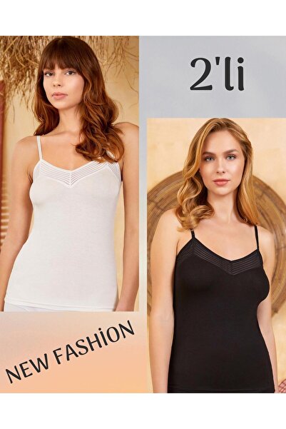 MYS GRUP TEKSTİL 2-Pack Women's String Strap Neck Patterned Strap Adjustable Flexible Viscose Tank Top Berrak (2116)