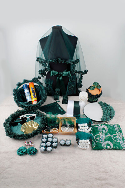 Mortex Yeşil Bol Çiçekli Lüks Kına Gecesi Seti | Gelin Damat Duvak ve Kına Ma...