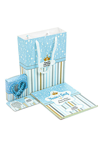 ihvan online 10 Adet Hediyelik 4'lü İsimli Bebek Mevlüt Yasin Kitabı Seti - Çanta, Tesbih, Magnet - Mavi