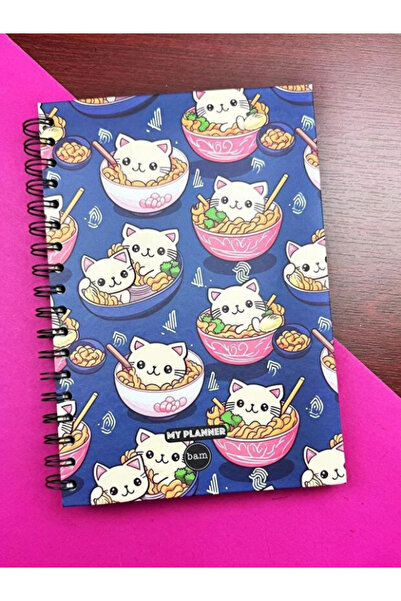 Dörtel Tedarik Undated Talking Agenda Weekly Planner Notebook with Cat Noodle Design and Spiral Sticker