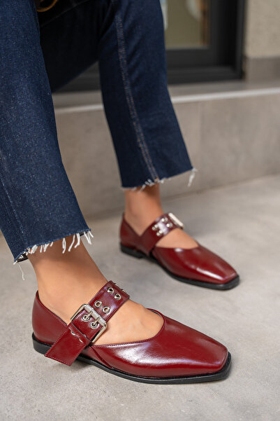 LAMİNTA Jewel Burgundy Leather Belt Detailed Women's Ballerinas