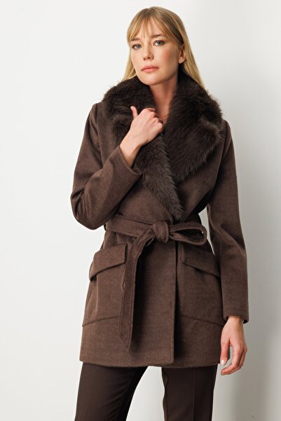 Ekol Sheepskin Collar Waist Belted Coat