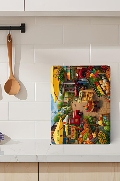 kutuTR Tempered Glass Cutting Board with Market View 21X30 cm Size Uv Printin...