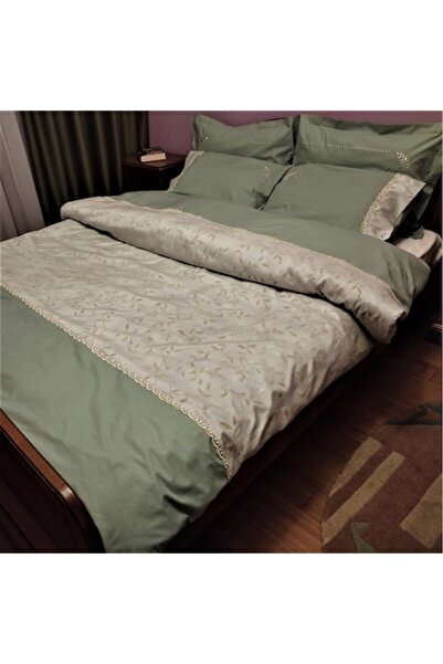 Casa Bucuriei Set de lenjerie de pat dublă brodată Antique, 6 bucăți, verde m...