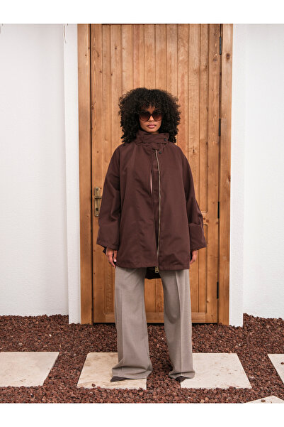 HOPE AND ME Kahverengi Oversize Fermuarlı Panço Trençkot