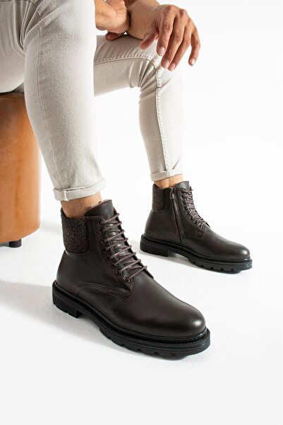MEEGORA Men's Brown Genuine Leather-Throat Detailed Winter Boots