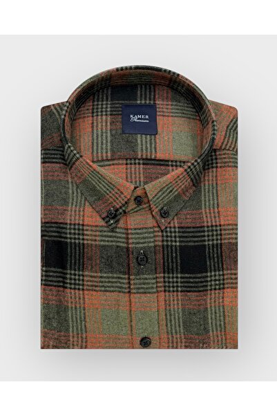 KAMER Men's Oversized (Plus Size) Winter Long Sleeve Button-Up Collar Single Pocket Plaid Green Shirt 3556Y