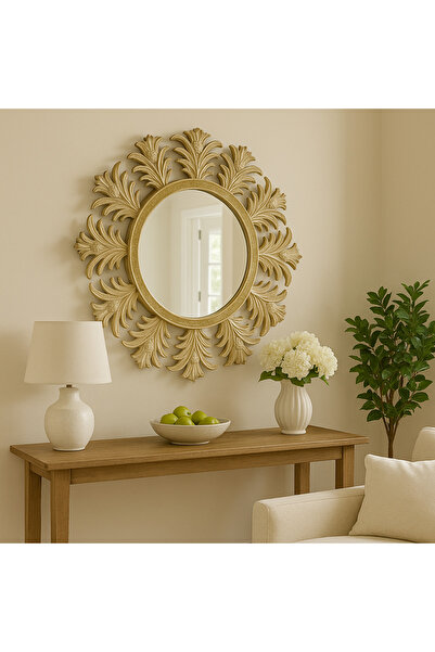 CEMRE Ananas Desenli Yuvarlak Ayna – 65x65 cm Dekoratif Duvar Aynası