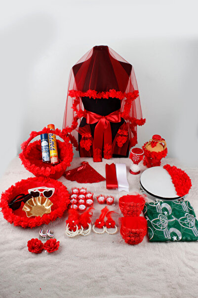 Mortex Kırmızı Bol Çiçekli Lüks Kına Gecesi Seti | Gelin Damat Duvak ve Kına ...