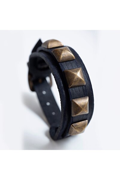 NARKİSSOS Pyramid Antique Black Handcrafted Men's Leather Bracelet