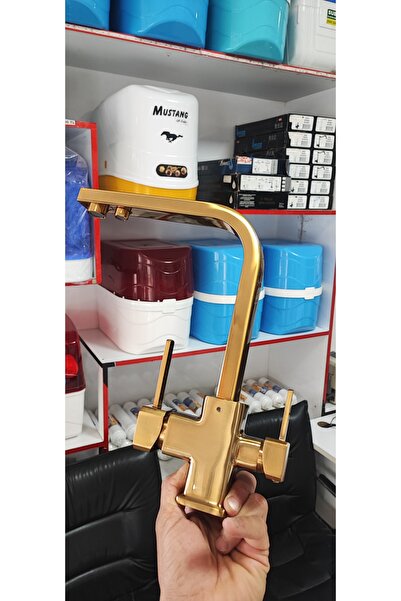 ÖZ SU Kare 3 yollu Gold arıtma musluğu Gold arıtmalı mutfak bataryası