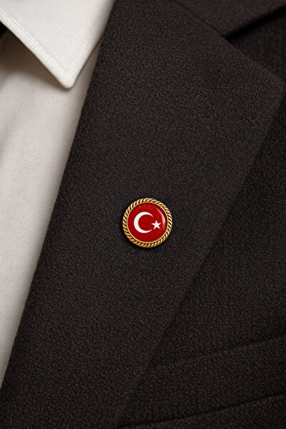 Minopi ( 1 Adet ) Türk Bayraklı Yaka Rozeti Gold Metal Türk Bayrağı Öğretmenl...