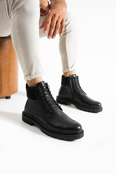 MEEGORA Men's Black Genuine Leather-Throat Detailed Winter Boots