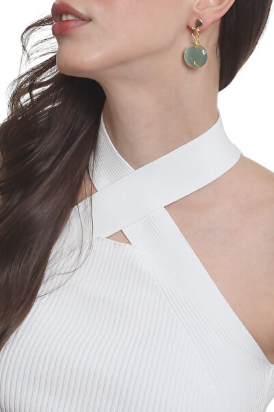 LABALABA Women's Studded Model Gold Color Wire Wrap Design Cat's Eye Earrings Turquoise