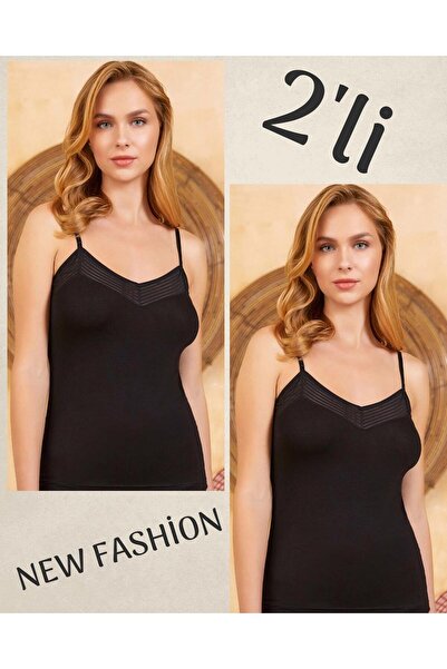 MYS GRUP TEKSTİL 2-Pack Women's String Strap Neck Patterned Strap Adjustable Flexible Viscose Tank Top Berrak (2116)