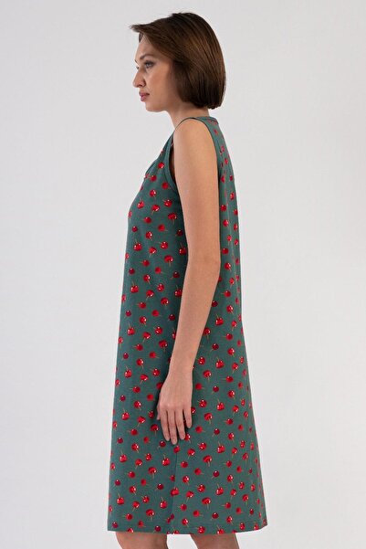 VİENETTA Women's Zero Sleeve V-Neck Zippered Patterned Silver Pine Home Dress C6T0N2804