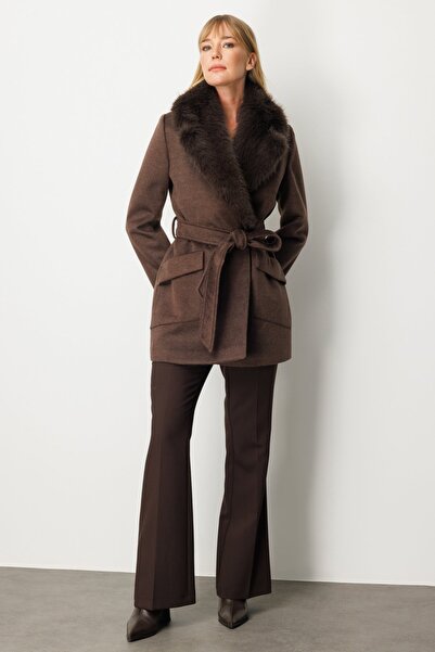 Ekol Sheepskin Collar Waist Belted Coat