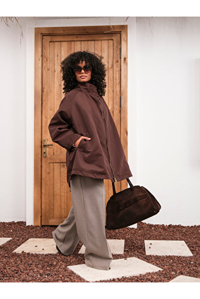 HOPE AND ME Kahverengi Oversize Fermuarlı Panço Trençkot