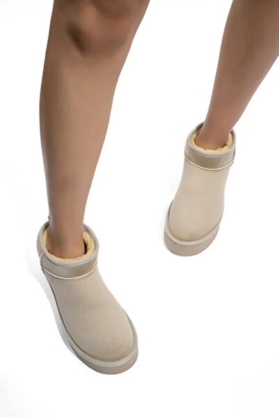 madam gold Γυναικείες μπότες μίνι σουέτ με χοντρή σόλα με επένδυση από γούνα