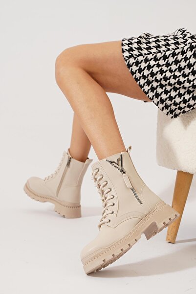 Moda Pie Deslo V Tokalı Fermuar Aksesuar Kadın Postal Bot Bej Cilt