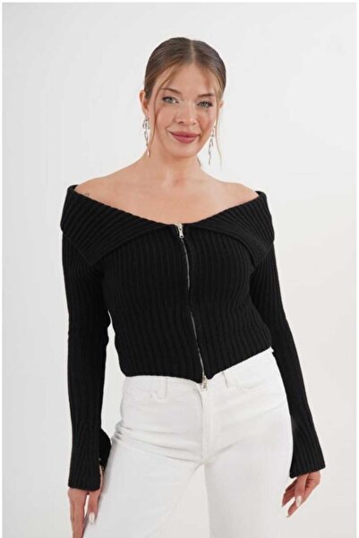 lavanderboutiquee Madonna Yaka Full Fermuarlı Siyah Triko Hırka