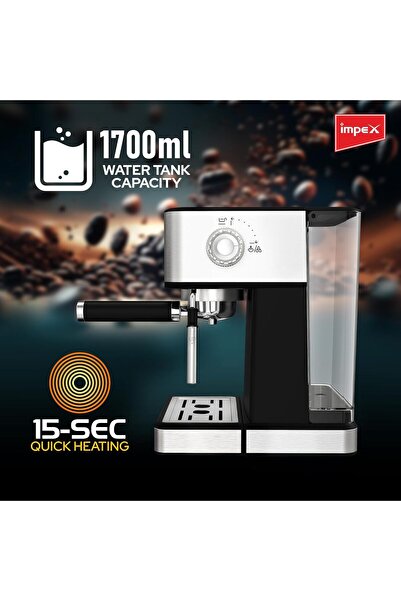 İMPEX Espresso Machine IECM 2002 — 1400W, 1.7L, 20-bar, 3 presets, 15s heat, Auto-Off, 2yr warrant