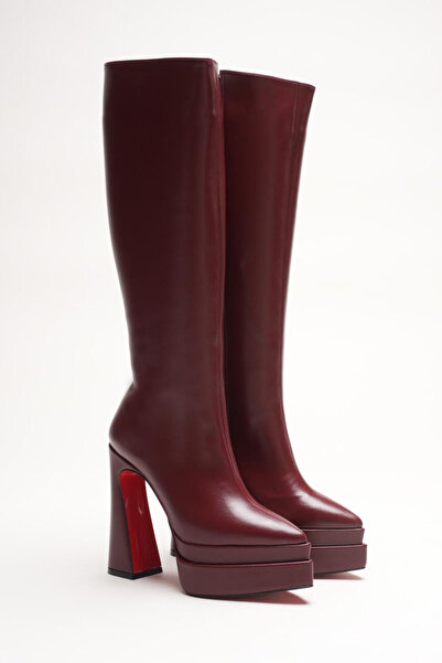 Ayakkabı Ateşi Women's Double Platform Pointed Toe High Heel Boots Jolly Burgundy Skin