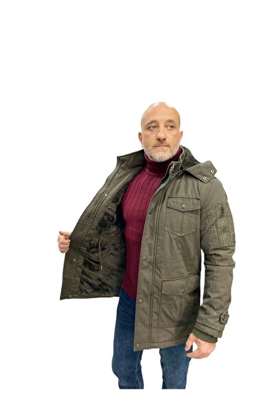 DYNAMO Men's Military Green Hooded Fur Lined Waterproof Thick Coat