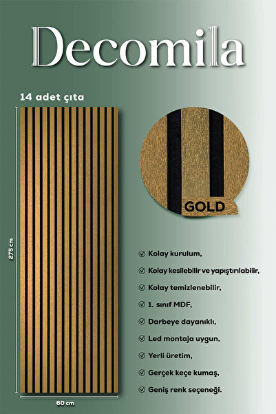 decomila Mdf Ahşap Akustik Duvar Paneli 60x275 Cm - Gold (pvc)