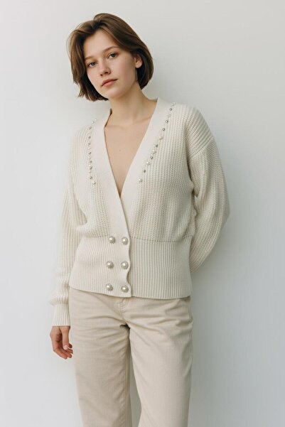NEWCO Pearl Button Detailed V-Neck Knit Textured Women's Knitwear Cardigan – Stylish and Comfortable Design