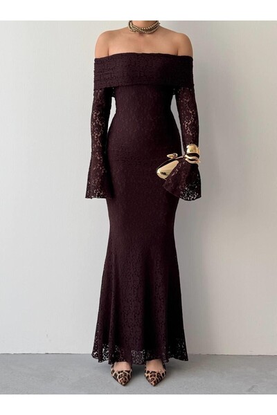 Julidress Acı Kahve Madonna Yaka Astarlı Nişan Davet Premium Dantel Elbise