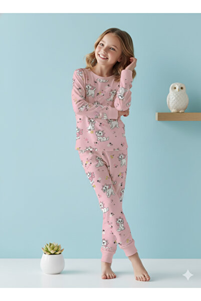 ROSAMİNA Σετ πιτζάμες για κορίτσια από 100% βαμβάκι με ροζ μοτίβο γάτας