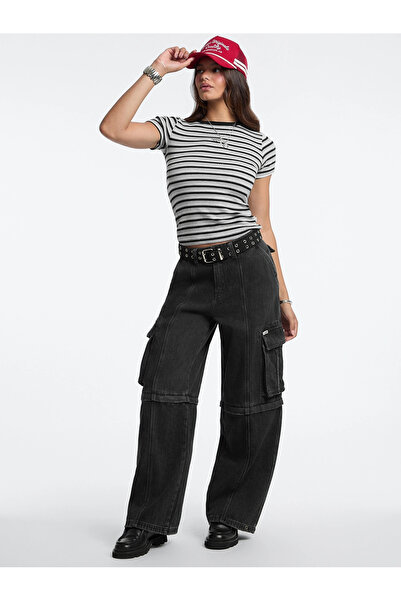 Guess Women's Black Multi-Colored Striped Logo T-Shirt W5Bp52Ka0H1-S9Hg