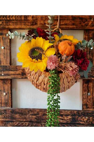 Lotus Hediye Hasır Sepetli Ayçiçekli ve Bal Kabaklı Kapı Süsü,Çelenk Duvar De...