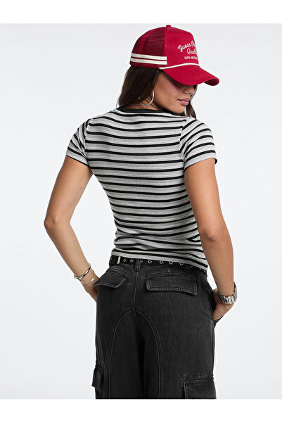 Guess Women's Black Multi-Colored Striped Logo T-Shirt W5Bp52Ka0H1-S9Hg